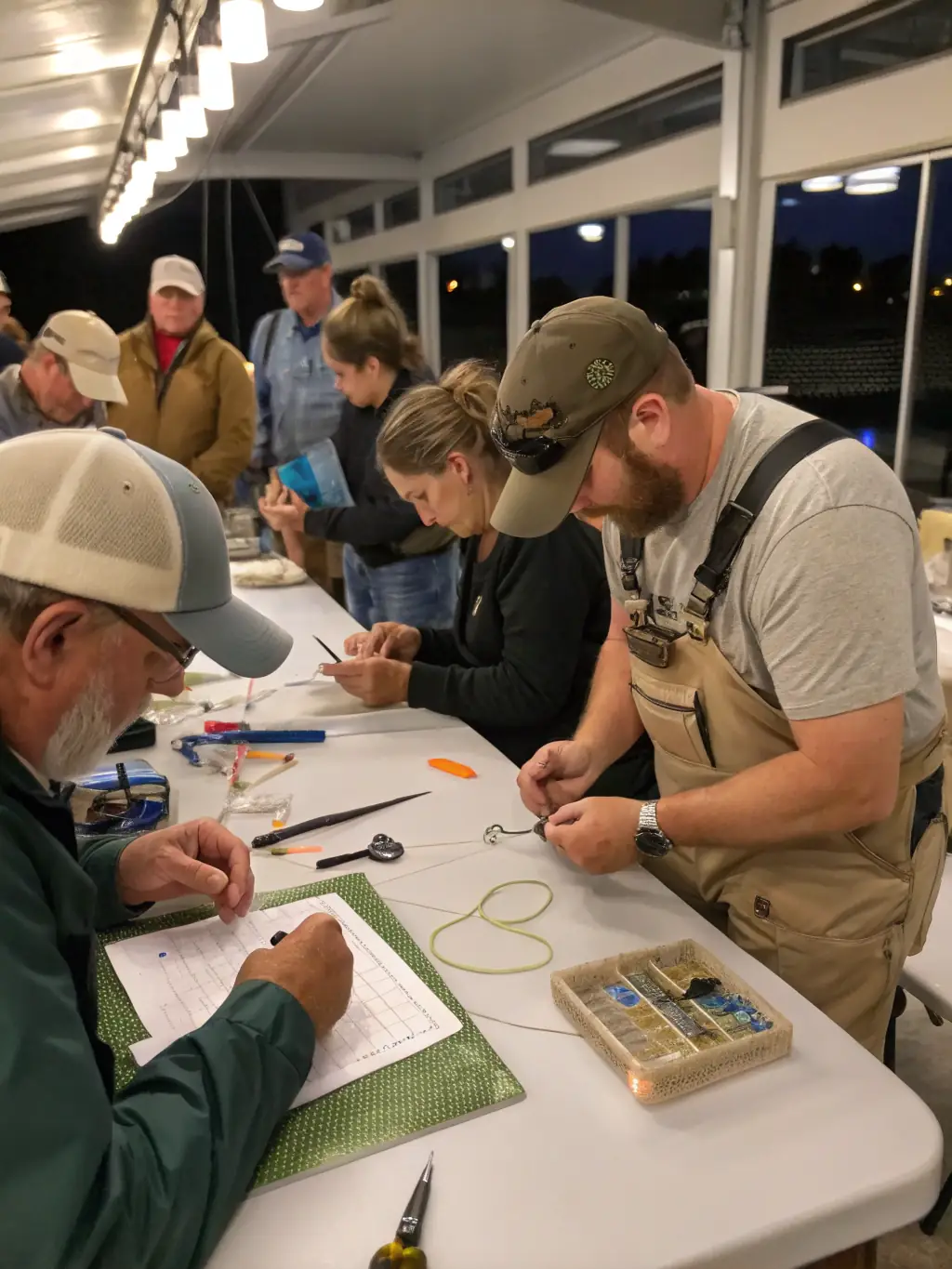 A picture of a workshop where participants are learning about fly fishing techniques from an expert.