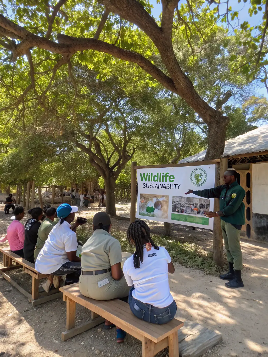 A diverse group of participants, including children and adults, attending a seminar on sustainable fishing practices and conservation efforts.